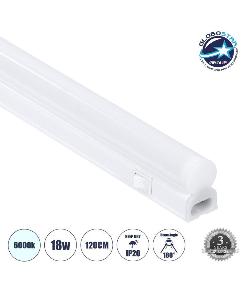 GloboStar® TUBO 60790 Γραμμικό Φωτιστικό Οροφής Linear LED Τύπου T5 Επεκτεινόμενο 18W 1800lm 180° AC 220-240V IP20 Πάγκου Κουζίνας με Διακόπτη On-Off Μ120 x Π2.2 x Υ3.5cm Ψυχρό Λευκό 6000K - Λευκό - 3 Years Warranty